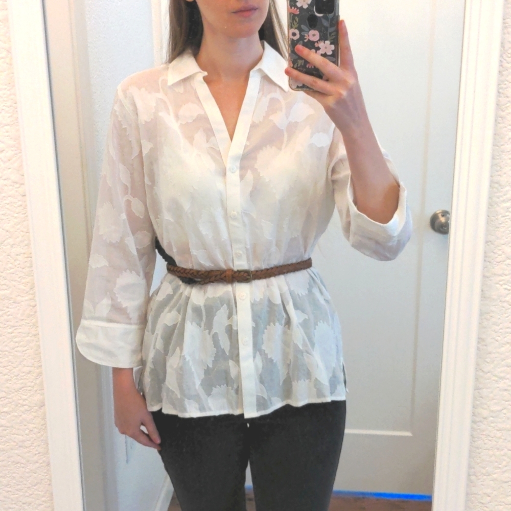 Foxcroft NYC 3/4 button up sheer white floral burnout shirt NWOT